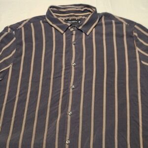 Denim & Flower Button Down Men Large Navy Tan Striped Short Sleeve Viscose Shirt